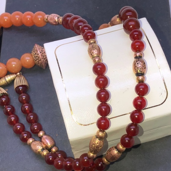🔴SOLD🔴Graduating Antique Gold Garnet Orange Aventurine Boho Necklace by JM - Picture 4 of 11